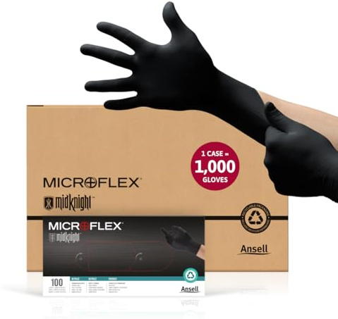 Ansell MICROFLEX MidKnight MK-296 Disposable Nitrile Gloves for Automotive, Law Enforcement w/Full Texture - Medium, Black (Case of 1000)