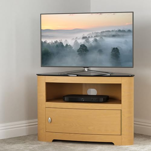 AVF Curved Wood TV Stand - Blenheim Affinity 800mm Wide Floorstand Unit Upto 40, Oak With Black Glass, Open and Closed Storage