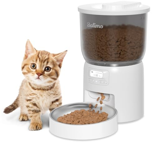 Balimo Distributeur Croquettes Chat Automatique 3L, Minuterie Programmable Distributeur De Croquettes pour Chat, 6 Repas par Jour, Convient Aux Chiens et Chats, Blanc
