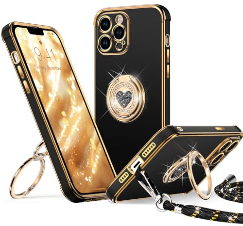 XYZ for iPhone 12 Pro Max Case with Stand, Double Ring Holder Case Heart with Lanyard for Girls Women, Luxury Cute Bling Protective Phone Cover Case for iPhone 12 Pro Max, Black