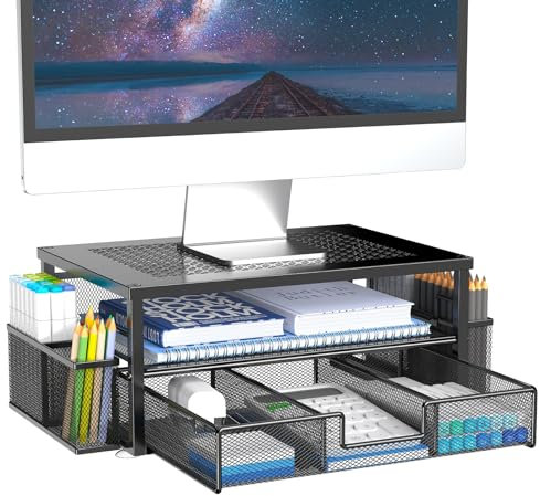 MINDEPOT 2 nivåer datorskärmstativ med låda och 2 pennhållare, metallmonitorstativ, kontorsskrivbordstillbehör, arbetsyta skrivbordsorganisatörer för kontorsmaterial, svart