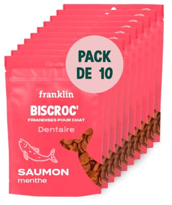 FRANKLIN – Friandises Dentaire pour Chat – Croustillante au Saumon & Menthe – Haleine Fraiche – Anti-Tartre – Soin Dentaire – sans céréales – pour Chaton, Adultes & Senior – Lot de 10 x 50g