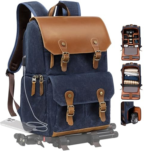 Padwa Lifestyle Blue Waxed Memory Canvas Camera Backpack - Weather Resistant Camera Backpacks for Photographers,Multi DSLR SLR Camera Bag with 16” Laptop & Lens Compartment and Tripod Holder