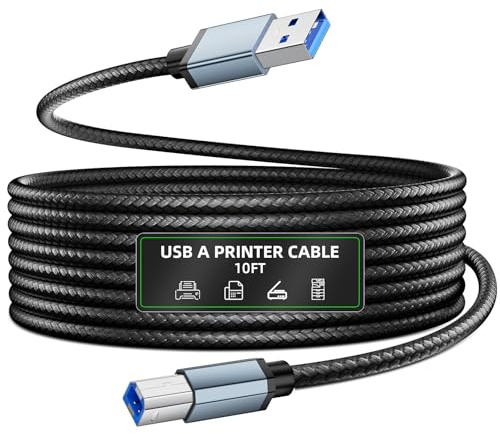iMangoo Printer Cable 10FT USB Printer Cord 2.0 Type A Male to USB-B Male Nylon Braided Scanner Print Fax Machine to Computer Office Cord High Speed Wired for HP/Canon/Dell/Epson/Lexmark/Xerox Black