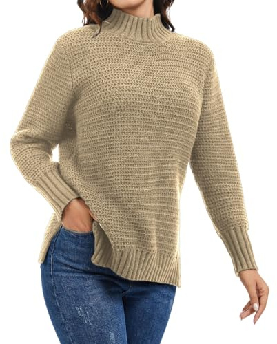 Rayson Jersey Mujer Invierno Grande Pullover Suéter con Cuello Redondo Manga Larga Casual Jersey de Punto con Abertura Lateral(Caqui,M)