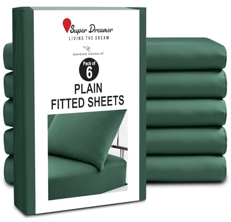 GC GAVENO CAVAILIA Fitted Sheet Double 6 Pack - Plain Dyed Microfiber Bedding Sheets - Fade, Wrinkle & Shrink Resistant Bottom Sheets - 25cm Deep Breathable Bed Sheet Elasticated Corners - Dark Green