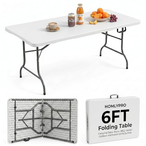 HomlyPro Heavy Duty 6FT Folding Table 180x75cm, White, Plastic Folding Desk Portable as Camping Table, Picnic, BBQ, Garden Outdoor and Indoor Utility Surface