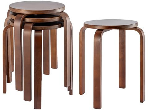 Solid Wooden Stool 4PCS Stackable Chairs Anti Slip Pads 45×32×32cm Brown | Compact Seating Set solid wood X frame stable stackable design protects floors and saves space for kitchen classroom
