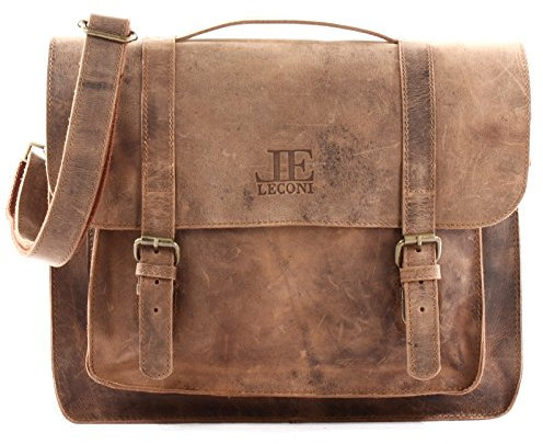 LECONI Messenger Bag Aktentasche DIN A4 Collgetasche Damen Herren Echtledertasche Retro Vintage Leder 37x30x10cm braun LE3055-vin