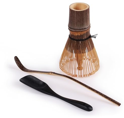 BambooMN Matcha Whisk Set - Chasen (Tea Whisk), Chashaku (Hooked Bamboo Scoop), Deep Scoop - Black - 1 Set