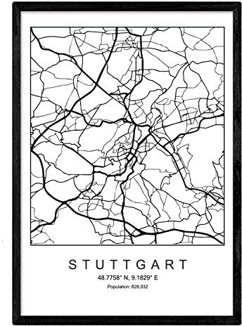 Nacnic Lama Stoccarda Mappa della Città in Stile Nordico in Bianco e Nero. Fotogramma A4 Carta Stampata No 250 gr. Dipinti, Stampe e manifesti per Soggiorno e Camera da Letto