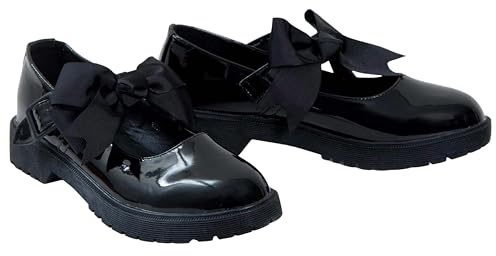 shelikes Girls Back to School Shoes Mary Jane Flat Shoes with Detachable Bow & Black Patent Shiny Ankle Strap