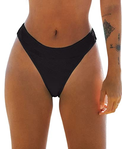 CUPSHE Women's Bikini Bottom High Cut Mid Waist Cheeky Bathing Suit, XL Black