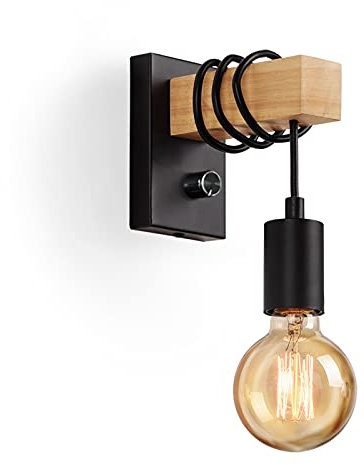 Glighone Wall Lights with Switch Vintage Wall Lamp Wooden Wall Light Indoor Industrial Wall Sconce Dimmable E27 Edison Lighting Fixture for Bedroom, Dining Room, Living Room (Black, Bulb Not Included)
