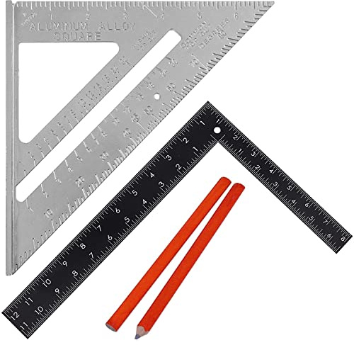 7 Aluminum Alloy Speed Square - 180 mm Roofing Square | Roofer Angle Measuring Triangle Guide | Speed Square Tool with 12 Black Metal L Shape Square | 2 Carpenter Pencils | Builder Framing Square.
