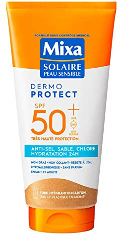 Mixa Solaire Peau Sensible - Lait Soin Solaire Très Haute Protection SPF 50+ UVA, UVA longs, UVB - Anti-Sel, Sable et Chlore - Hydratation 24H - Résistant à l'Eau - Hypoallergénique - 175ml