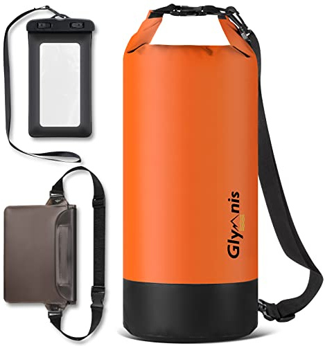 Glymnis Bolsa Estanca Bolsa Impermeable 5 L/10 L/20 L con Bolsa Cintura para Rafting Kayak Playa Senderismo Esquí Pesca Escalada y Camping (Naranja, 5 L)