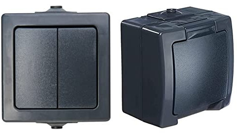 Kopp Nautic Serienschalter, Aufputz, für Feuchtraum, 250V (10A),565515009, anthrazit & Nautic 1-fach Schutzkontakt-Steckdose mit Klappdeckel und erhöhtem Berührungsschutz, 16A, anthrazit, 107815006