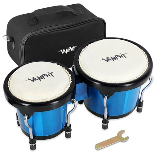 VANPHY Wood Bongos Drum Set for Beginners Natural Adult Bongo with Tuning Wrench Bongo Drums 4 and 5 Tunable Percussion bongo drum Natural Animal Hides Metal (Blue)