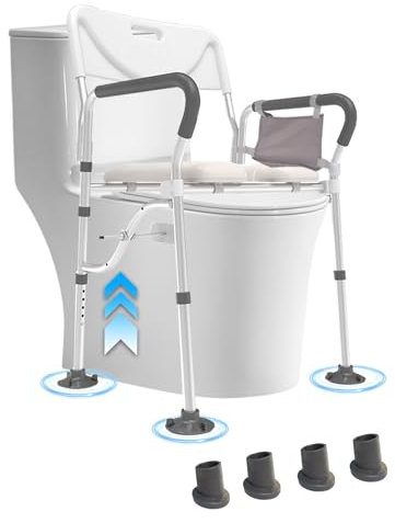 Vocpy 4-in-1 Raised Toilet Seat with Armrests and Backrest, Bedside Commode Chair, Adjustable Toilet Safety Frame, Shower Chair with Padded Seat, Grey
