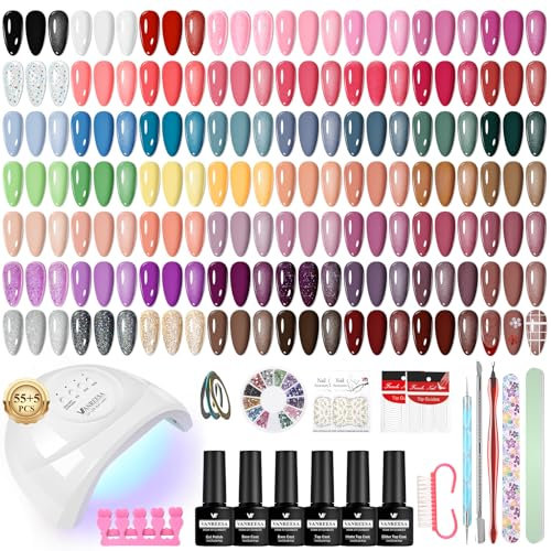 VANREESA 55 Colores Kit Uñas Semipermanentes, Uñas Semipermanentes Kit Completo 77PZ con Top Base Mate Purpurina Coat Lampara UV Uñas 48W y Herramientas para Manicura, Regalo para Mujeres