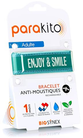 BIOSYNEX - PARAKITO - Bracelet Anti-Moustiques Rechargeable - 2 Recharges Incluses - 1 Mois d'Utilisation - Sans DEET - Motif Enjoy & Smile - Taille Adulte