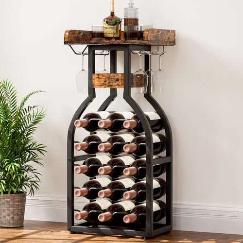 Yorbay Weinregal freistehend 15 Flaschen, Flaschenregal mit Glashaltern, Dekorativer Flaschenhalter-Ständer für Küche, Bar, Esszimmer, Boden