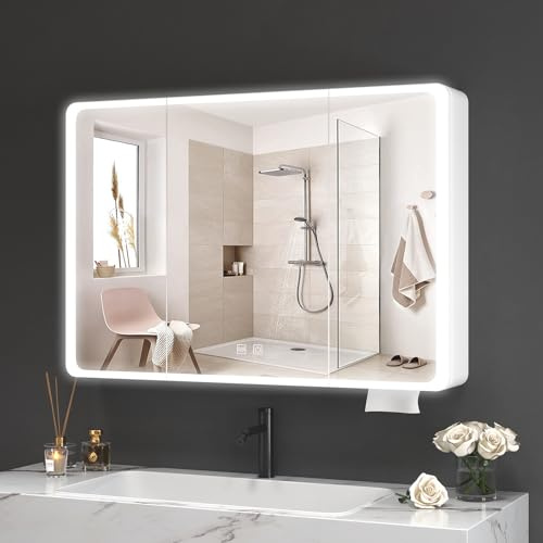 Aovquof Spiegelschrank mit Beleuchtung - 100×70cm Spiegelschrank Bad mit Stauraum, Badspiegelschrank mit einstellbaren dimmbaren LED-Leuchten mit Demist-Funktion, abgerundet Cremefarbe