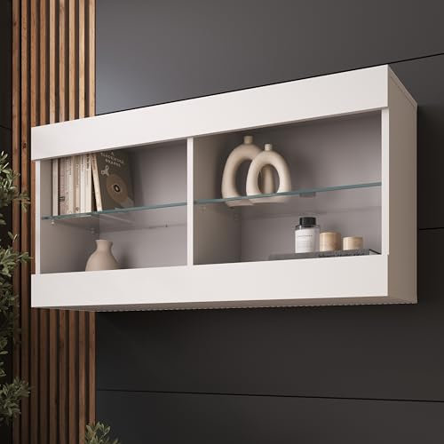 Komodee, Hängende Vitrine Schrank Tivoli Horizontal, Weiß/Weiß, Breite 100cm x Höhe 50cm x Tiefe 29cm, 2 Regalböden, für Wohnzimmer, Schlafzimmer, Eingang
