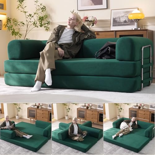 WHGBJA 79 Convertible Sleeper Sofa Bed with Cylindrical Pillow, Corduroy Folding Mattress Couch with Fixed-Shape Frame, Floor Sofa Lounge Couch for Living Room Bedroom Lounge Studio (Green)