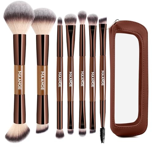 MAANGE 7 PCS Foundation Makeup Brush Set With Bag, Make up Brushes, Eyeshadow Concealer Brush, Double-ended Foundation Contour Powder Blush, Professional Face brush Set Tools For Liquid,Cream(Apricot)