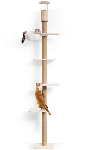 FUKUMARU rascador para Gatos, Torre de 4 Niveles Que llega hasta el Techo (251-274 cm), árbol para Gatos montado en la Pared, Hecho de Tablero contrachapado Resistente y Yute, Beige