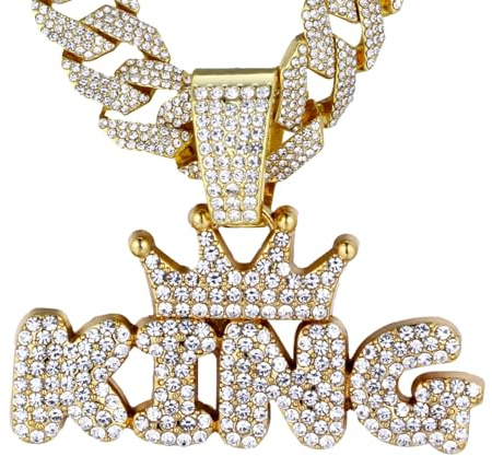 HALUKAKAH Collana con Corona di Diamanti KING per Ragazzi,Placcato Oro 18k,Diamanti di Laboratorio Incastonati,Pendente Lettere 3D Bubble e 15MM Catena Cuban Link 40cm,Regalo per Figlio,Nipote