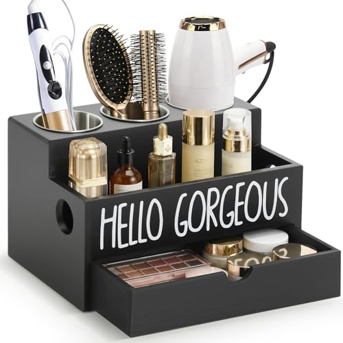 CusUnik Hair Tool Organizer Drawer, Heat-Resistant Hot Tools Organizer with Removable Stainless Steel Cups for Hair Dryer , Curling Iron , Straightener, Bathroom Hair Accessories Storage (Black)
