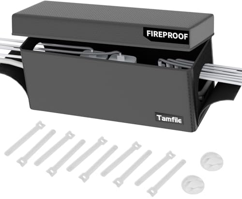 Tamfile Cable Management Box, Fireproof Foldable Cord Organizer and Cover, Heat Resistant Large Power Strip Organizer for TV Wires, Computer and USB Hub with Cable Clips & Reusable Cable Ties (Black)