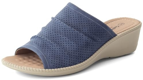 Cushion Walk Extra Wide EEE Fit Sandals for Women, Lightweight Slip-On Peep Toe Low Wedge Ladies Mules with Cushioned Insole, Non-Slip Summer Comfort Shoes (Size 5 UK, Navy Blue)