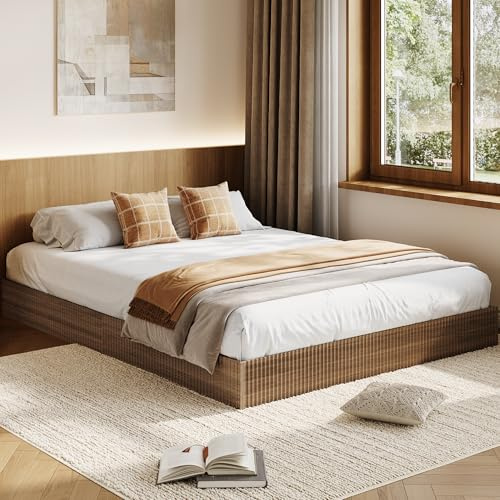 IDEALHOUSE Wood Bed Frame, Wooden Platform Bed with Fluted Design, Queen Bed Frame with Study Support, Easy Assembly, No Box Spring Needed, Noise Free, Walnut