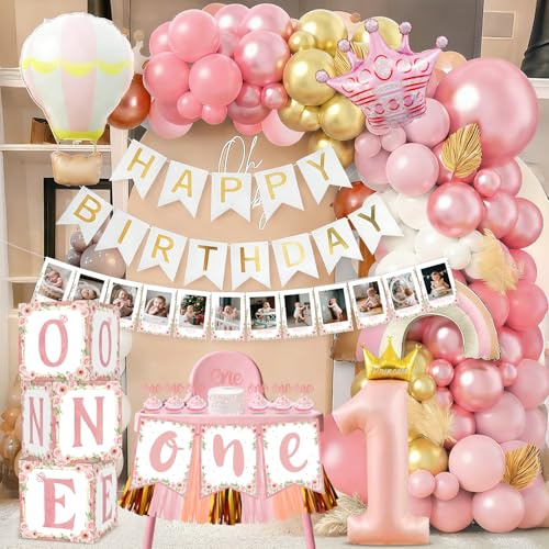 Decoracion Cumpleaños 1 Año Niña Rosa, Decoraciones de Cumpleaños Infantiles con Caja de Globos, Pancarta con Foto, Guirnalda de Feliz Cumpleaños, Globos de Cumpleaños 1 Año de Bebé Cumpleaños Niña