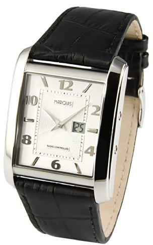 MARQUIS Elegante Herren Funkuhr (Junghans-Uhrwerk) Schwarzes Lederarmband, Gehäuse aus Edelstahl 983.4714