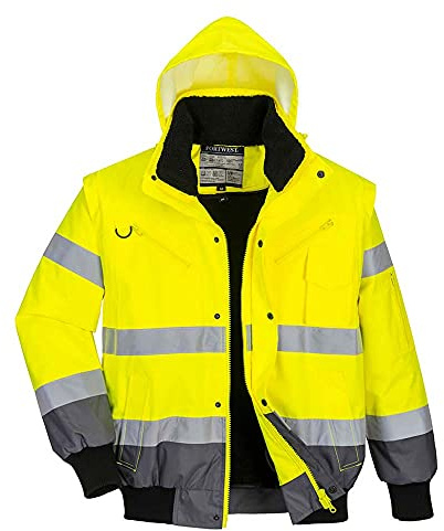 Portwest C465 Hi-Vis 3-in-1 Waterproof Contrast Hooded Bomber Jacket with Pockets - Reflective Outdoor Safety Security Workwear Coat, Yellow/Grey, L