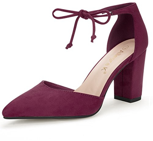 Allegra K Zapatos De Tacón Grueso De Vestir Punta Puntiaguda Corbata De Tobillo para Mujer borgoña 37
