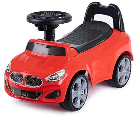 Hillington Kids Ride On Sliding Sports Car - Push Along Foot to Foot Buggy For Toddlers - Under Seat Storage & Musical Steering Wheel - Licensed For 18-36 Months Old (Red)
