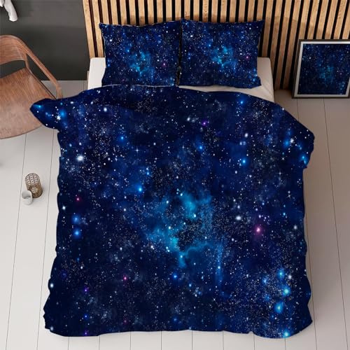 Linfye Housse de Couette 200x200 Adulte Ciel éToilé Bleu Parure de Lit 2 Personnes, Réversible Sets de Housse Couette en Microfibre avec Fermeture éclair + 2 Taie d'oreiller 65x65cm