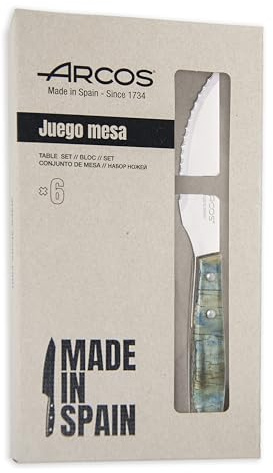 Arcos Serie Cuchillos de Mesa - Juego de Cuchillos Chuleteros 6 piezas - Hoja de Acero Inoxidable NITRUM de 110 mm - Filo Serrado - Mango Madera Comprimida - Color Azul