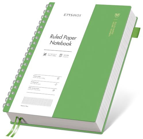 EMSHOI B5 Spiral Notebook, Lined Notepad, PVC Cover, 300 Pages, Green | 100GSM Paper, Flexible Plastic Cover, Notepad with Sticky Notes, Pocket, Pen Loop, Bookmark Ruler for Writing, 19 x 25cm