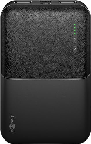 goobay 64961 Powerbank Kompakt 5000mAh / Externes Ladegerät/Power Bank geeignet für Smartphone, Kopfhörer, Tablet/Zwei Geräte gleichzeitig Laden/inkl. Ladekabel/Schwarz