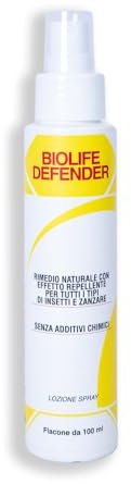 BIOLIFE defender, spray antizanzare, Lozione spray protettiva ad uso umano, Rimedio naturale ad azione repellente contro tutti i tipi di insetti e zanzare (100 ML)