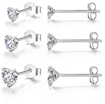Bewenda Silber 925, 3 Paare Silber Herz Ohrringe mit Zirkonia, Klein Schlafen Knorpel Ohrstecker 3/4/5mm, Klassischer Ohrschmuck für Mädchen Damen