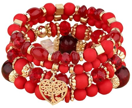 XSDSLS 4 Pièces Bracelet Bohème Multicouches,Bracelet Perles Cristal Superposition,Bracelets arbre de vie en cœur,Bracelets Pierre Naturelle Élastique,Cadeau (Rouge)