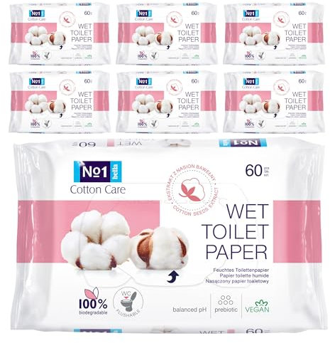 bella No.1 feuchtes Toilettenpapier Cotton Care | 100% biologisch abbaubar und spülbar | im 7er Pack (7 x 60 Stück) Feuchttücher Toilette